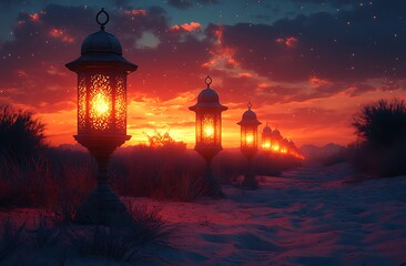 Illuminated Lanterns in Snow with a Vivid Sunset in the Background