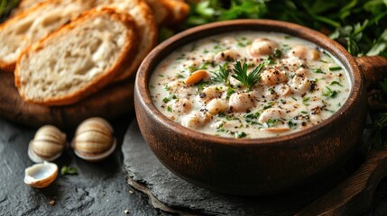 Creamy Clam Chowder in Rustic Bowl with Freshly Baked Bread Slices and Garnish on Rustic Background Perfect for Culinary Advertisements