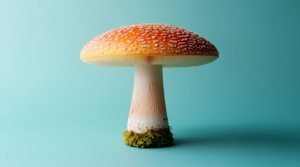 A Single Amanita Muscaria Mushroom on a Teal Background