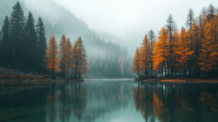 Obraz premium Serene autumn landscape with tall trees reflecting on a tranquil lake in foggy conditions showcasing vibrant foliage and empty copyspace for text