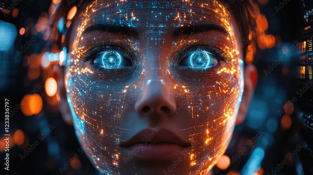 Wall mural futuristic biometric facial recognition technology with digital elements and artificial intelligence