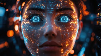 Futuristic Biometric Facial Recognition Technology with Digital Elements and Artificial Intelligence Visualization