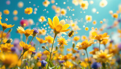 Bee pollinating vibrant daisy flowers in a sunny wildflower meadow