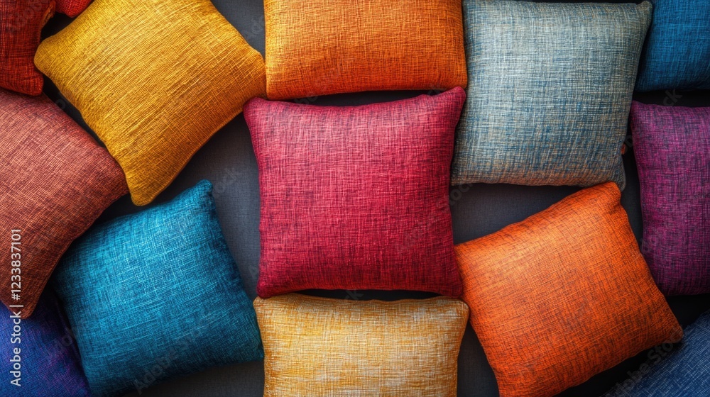Poster vibrant colorful cushion pieces arranged in a top view layout with rich textures and empty space for