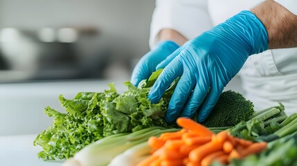 A chef in blue gloves prepares fresh vegetables, including leafy greens and carrots, in a bright kitchen setting.