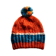 Wool Beanie with Festive Pom-Pom in Blue and Orange Stripe Isolated on Transparent Background