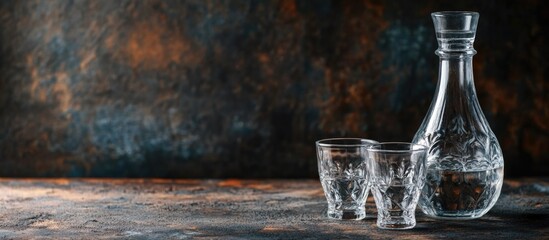 Glass vodka bottle and shot glasses on rustic wooden table symbolizing Eastern European hospitality with empty space for text and design