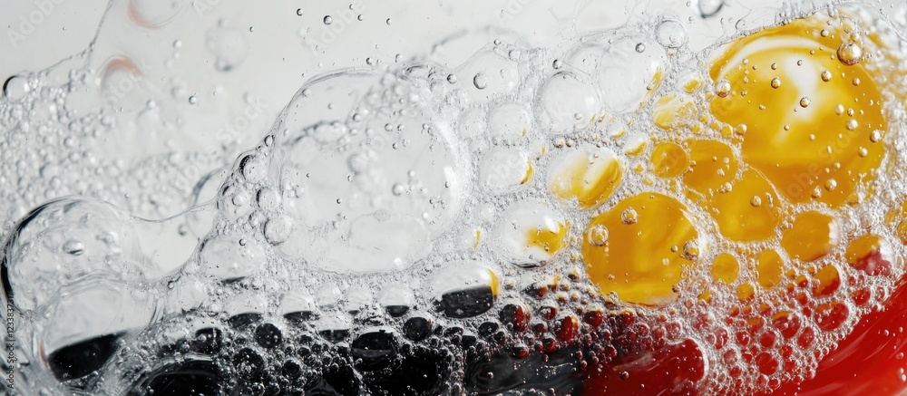 Poster transparent soap bubble splash with black white yellow and red colors macro close up background for 