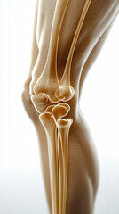 A 3D image of a knee joint with stress markers indicating pain, depicted in vivid detail, with a solid white background for contrast