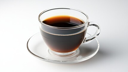 A hot coffee in a transparent glass cup, placed on a saucer on a white background
