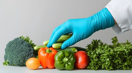 A gloved hand selects fresh vegetables, including broccoli, peppers, lettuce, and cucumbers, highlighting healthy food choices.