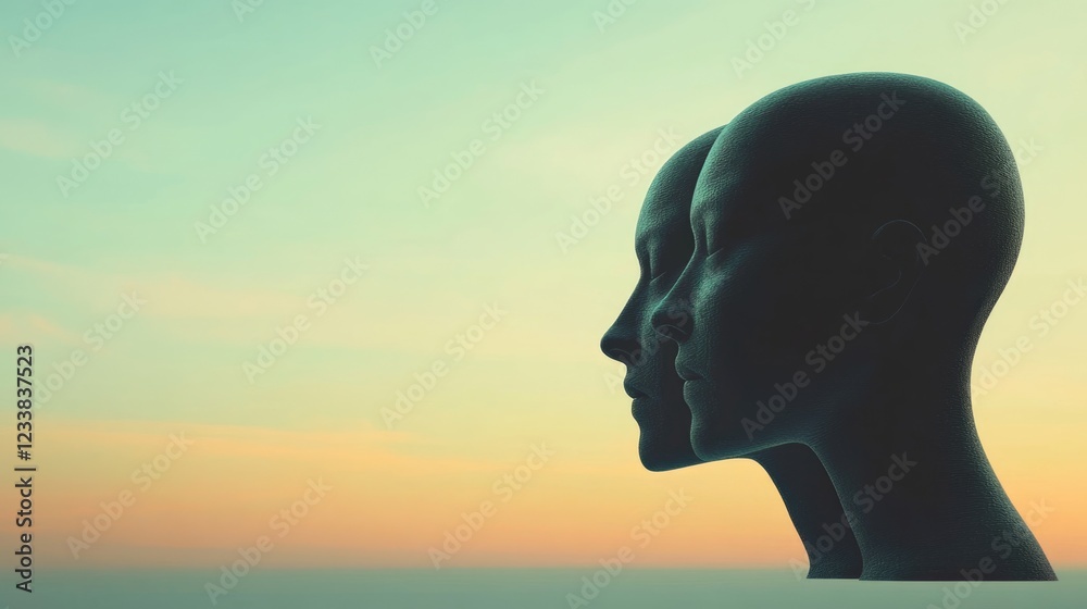 Poster surreal digital art featuring abstract human figures against a calming gradient background with empt