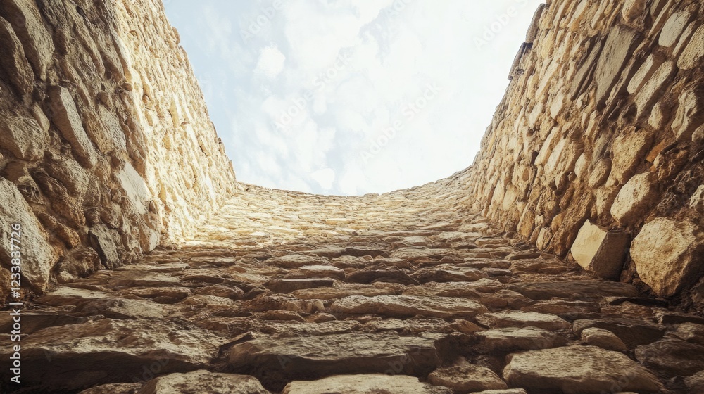 Poster stone facade of a tall building captured from below showcasing empty skies above with ample space fo