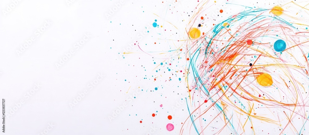 Poster colorful abstract lines and dots on white background with ample copy space for text placement. brigh