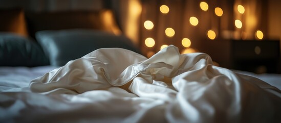 Cozy nightwear resting on a modern bed in a softly lit bedroom with bokeh lights and ample space for text and creative design elements