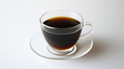 A hot coffee in a transparent glass cup, placed on a saucer on a white background