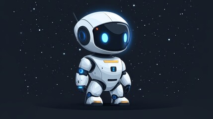 A cute, futuristic robot character with glowing features in a starry background.