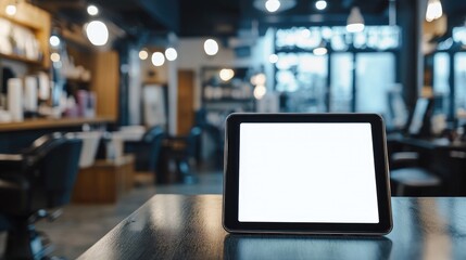 Tablet on a wooden table with blank screen in modern beauty salon interior with chairs and soft lighting creating a serene atmosphere