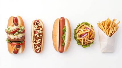 Delicious hot dogs, burger, fries on white. Food photography for menu