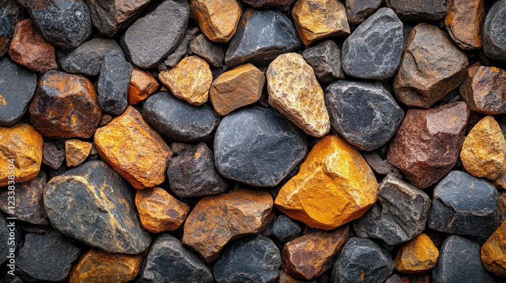 Poster close-up view of assorted colorful pebbles creating a textured background for natural design and art