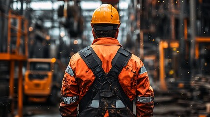 A lone worker, clad in soiled orange work overalls and a hard hat, stands with his back to the camera, silhouetted against a blurred background of heavy industrial machinery and activity