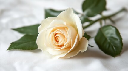 Creamy Elegance: A Single Peach Rose on White Fabric