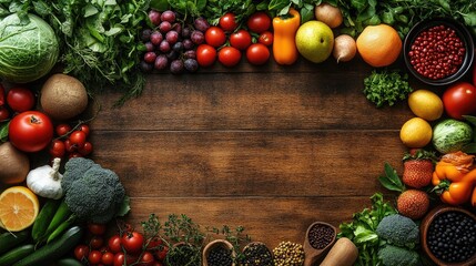 Assorted fresh fruits and vegetables arranged on a wooden surface creating a colorful and vibrant natural frame for culinary concepts