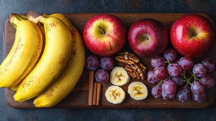 Colorful assortment of bananas apples grapes pecans and cinnamon sticks arranged on a wooden cutting board for a fresh and healthy snack concept