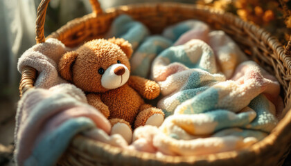 Cozy teddy bear in a wicker basket with soft multi-colored blankets in sunlight