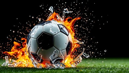 Fiery Soccer Ball: Dynamic Action Shot with Shattered Glass and Flames