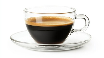 A modern glass coffee cup with a saucer, filled with espresso, isolated on a white background
