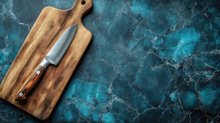Top view of wooden cutting board and knife on blue marble background empty space for culinary text or recipe announcement