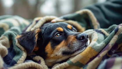 Cozy dog wrapped in blanket outdoors on a chilly day