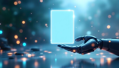 A futuristic robot hand delicately holding a glowing holographic display in the air