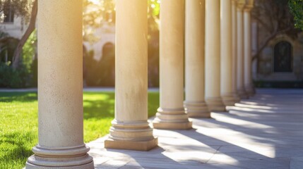 Elegant tall pillars in serene outdoor setting ideal for event backgrounds showcasing beautiful architecture and ample space for text placement