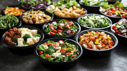 Healthy takeout food delivery featuring a variety of fresh salads and nutritious lunch options arranged attractively on a table.