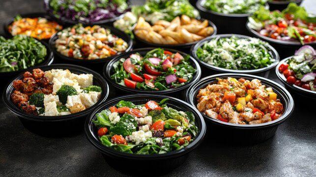 Healthy takeout food delivery featuring a variety of fresh salads and nutritious lunch options arranged attractively on a table.