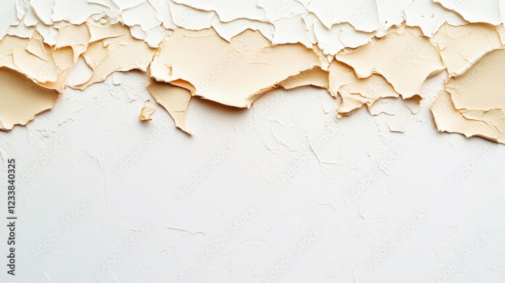 Poster textured tan and cream paint peel on white background creating empty space for text or design elemen