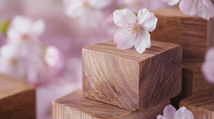 Fototapeta premium Wooden Cubes Surrounded by Cherry Blossom Petals Creating a Serene and Calming Atmosphere for Relaxation and Mindfulness Practices