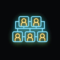 Glowing neon icon representing a corporate hierarchy, showing individuals connected by lines, symbolizing reporting relationships and organizational structure