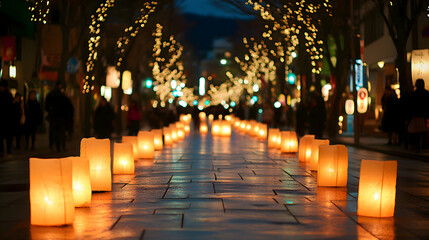 A Japanese New Year's Eve celebration where the streets are lined with floating lanterns that change color with every second that passes, creating a countdown of light
