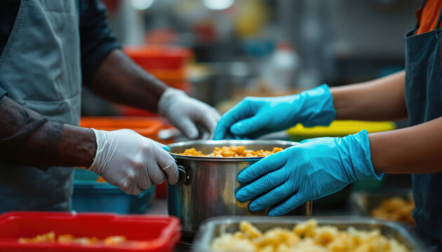 Diverse hands in gloves preparing food together in kitchen setting