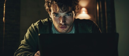 Caucasian man focused on laptop in artistic setting with empty space for text showcasing social media engagement and concentration
