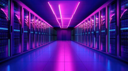 Fototapeta premium The futuristic interior of a modern data center, featuring rows of servers illuminated by cool neon lights.