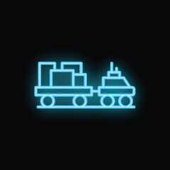 Glowing neon blue icon of a self driving vehicle transporting cargo on rails, isolated on a black background