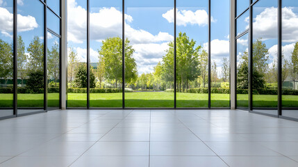 Naklejka premium Modern building interior, green park view, bright sunlight, peaceful scene, ideal for real estate