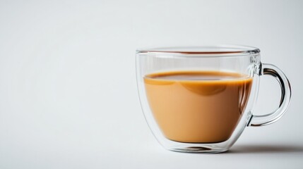 A simple yet elegant transparent coffee cup filled with hot coffee, on a pure white surface