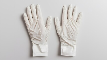 A pair of white disposable gloves laid flat against a light background, symbolizing hygiene and protection.