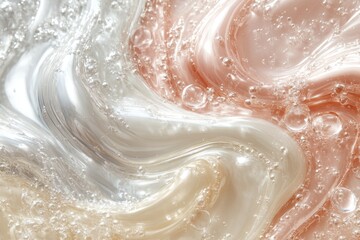 Bubbles create an abstract swirl of colors in a light, glossy liquid composition during a close-up exploration of texture and form