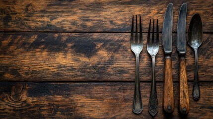 Top view of vintage cutlery on rustic wooden table with ample empty space for text or culinary design elements